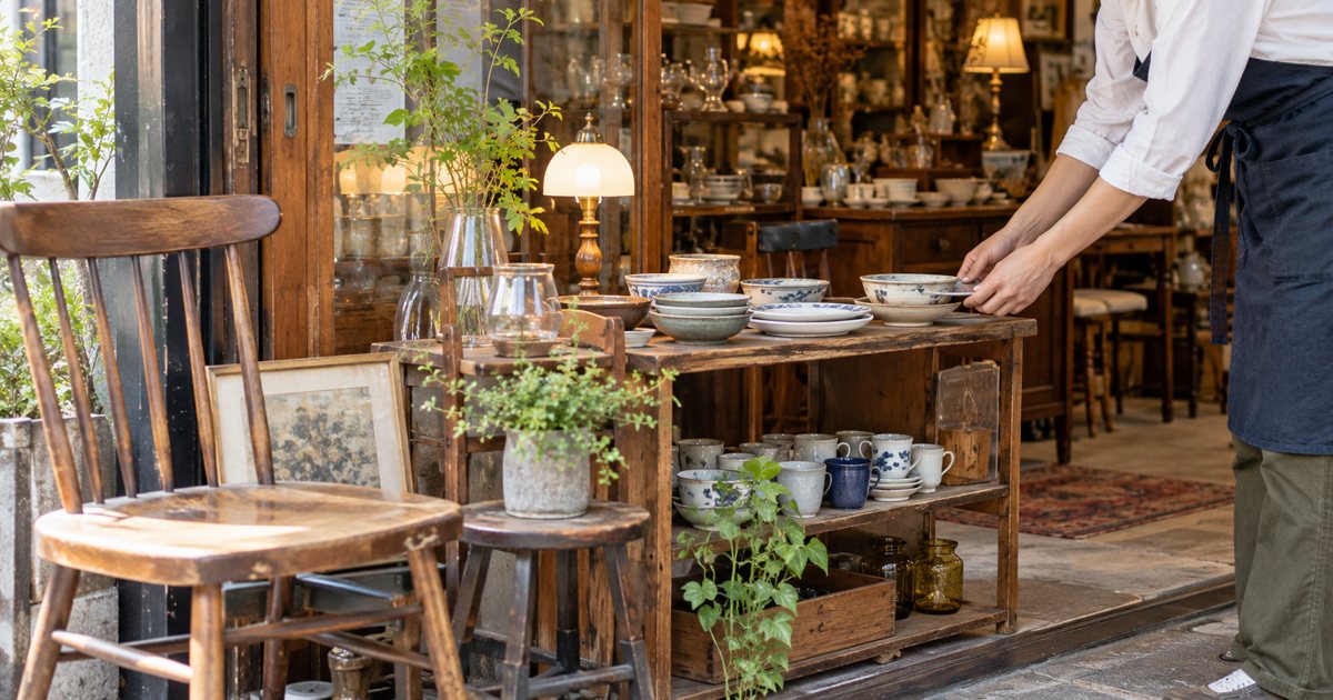 リサイクルショップの店頭を整えるイメージ（AI生成）